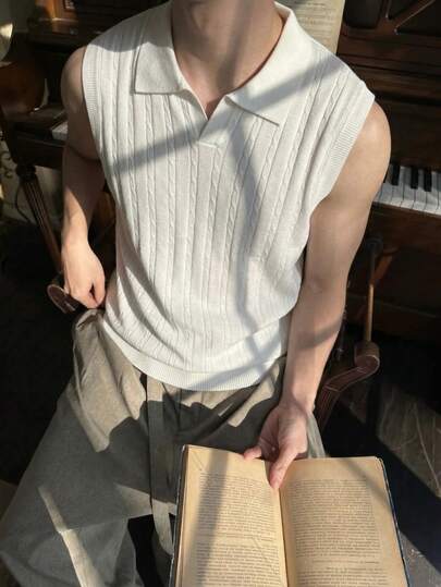 男士新款休闲宽松纯色扭绳花卉图案韩版基础百搭通勤复古慵懒Polo领无袖针织背心