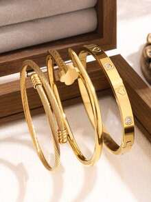 New Fashion High Quality Stainless Steel Flower Zirconia Women's Bangle Bracelet Jewelry Set, Suitable For Daily Wear - Vàng 12 - Xem 2