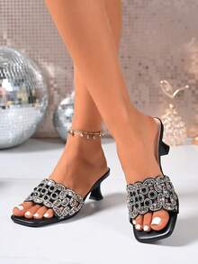 Fashionable High Heel Slides Summer New Square Toe Rhinestone Sexy Kitten Heel. Suitable For Party, Wedding, Vacation, Gathering, Date, Outdoor Wear, Open Toe, Elegant, Holiday, Versatile - Black - View 11