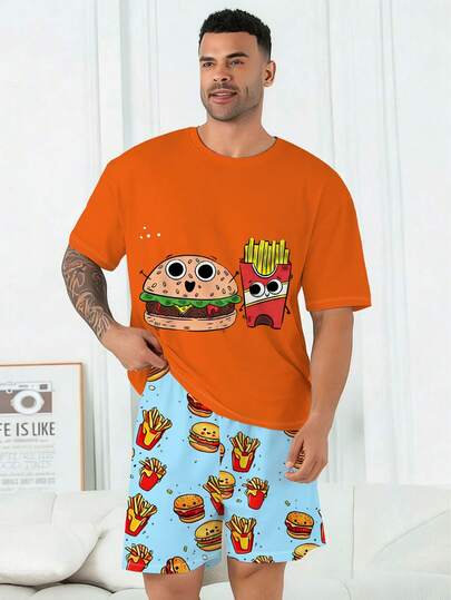 Bộ đồ ngủ nam cỡ lớn | Áo tay ngắn cổ tròn và quần short cạp chun, kiểu dáng thường ngày, bộ 2 món | Vải dệt kim polyester, thân thiện với da, thoáng khí, rộng rãi và thoải mái | Họa tiết in hình bánh hamburger và khoai tây chiên ngộ nghĩnh.