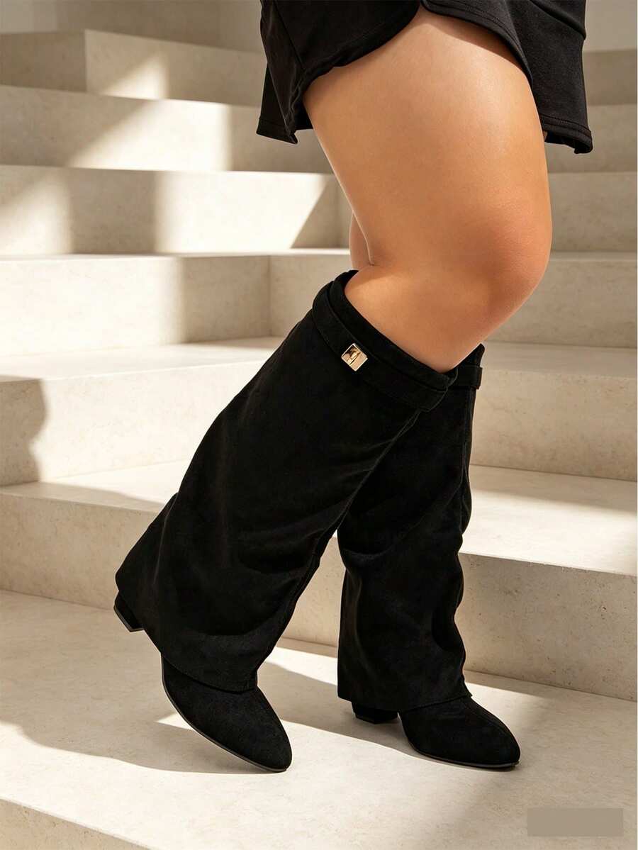 女士时尚宽楦仿皮高筒靴，可折叠靴筒，粗跟，性感户外过膝长靴，宽腿高跟，宽楦设计