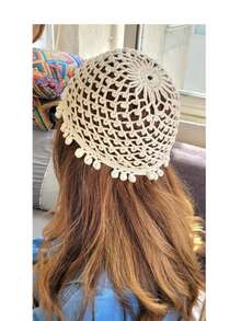 1 pieza Sombrero de mujer de diseño hueco ligero y de moda, hecho a mano a ganchillo, adecuado para primavera, verano, otoño, estilo bohemio para uso diario - A - Ver 4