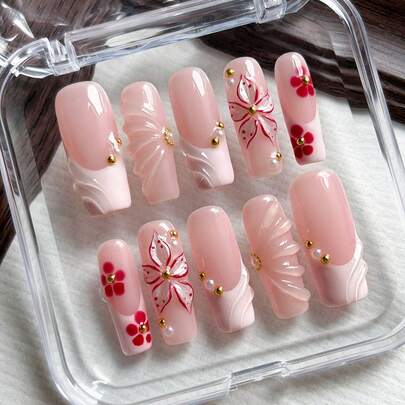 10 piezas de pegatinas de uñas cuadradas hechas a mano de color rosa, uñas postizas de estilo minimalista y lindo, puntas francesas rosa y blanco, con relieve 3D y tallado floral, decoración de flores degradadas, adecuadas para niñas y mujeres para uso diario, vacaciones, bodas, viajes y decoración de uñas en el campus, incluye esmalte de gel y lima de uñas