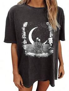 Women's Tops Letter Tee Graphic T-Shirts,Vintage Shirts For Women Cute Graphic Tee Spring Short Sleeve Tops Oversized Tshirts Unisex Halloween T-Shirt - 深灰色 #B - 查看 12