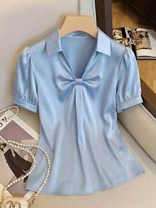 女款素色泡泡紗扭結前襟V領短袖通勤辦公休閒優雅工作上衣，適合精英通勤夏季穿著 - 淺色水洗藍 - 查看 6