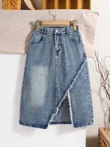 1pc Girls' Vintage Distressed Washed Blue Denim Skirt With Side Slit, Casual Streetwear Design - Medium Wash - View 2