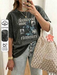 复古 Fleetwood “Rumours” T 恤，女士加大码上衣，音乐节服装，女士演唱会服装，女士夏季服装，加大码黑色水洗上衣，水洗棉休闲上衣 - 黑色 - 查看 1
