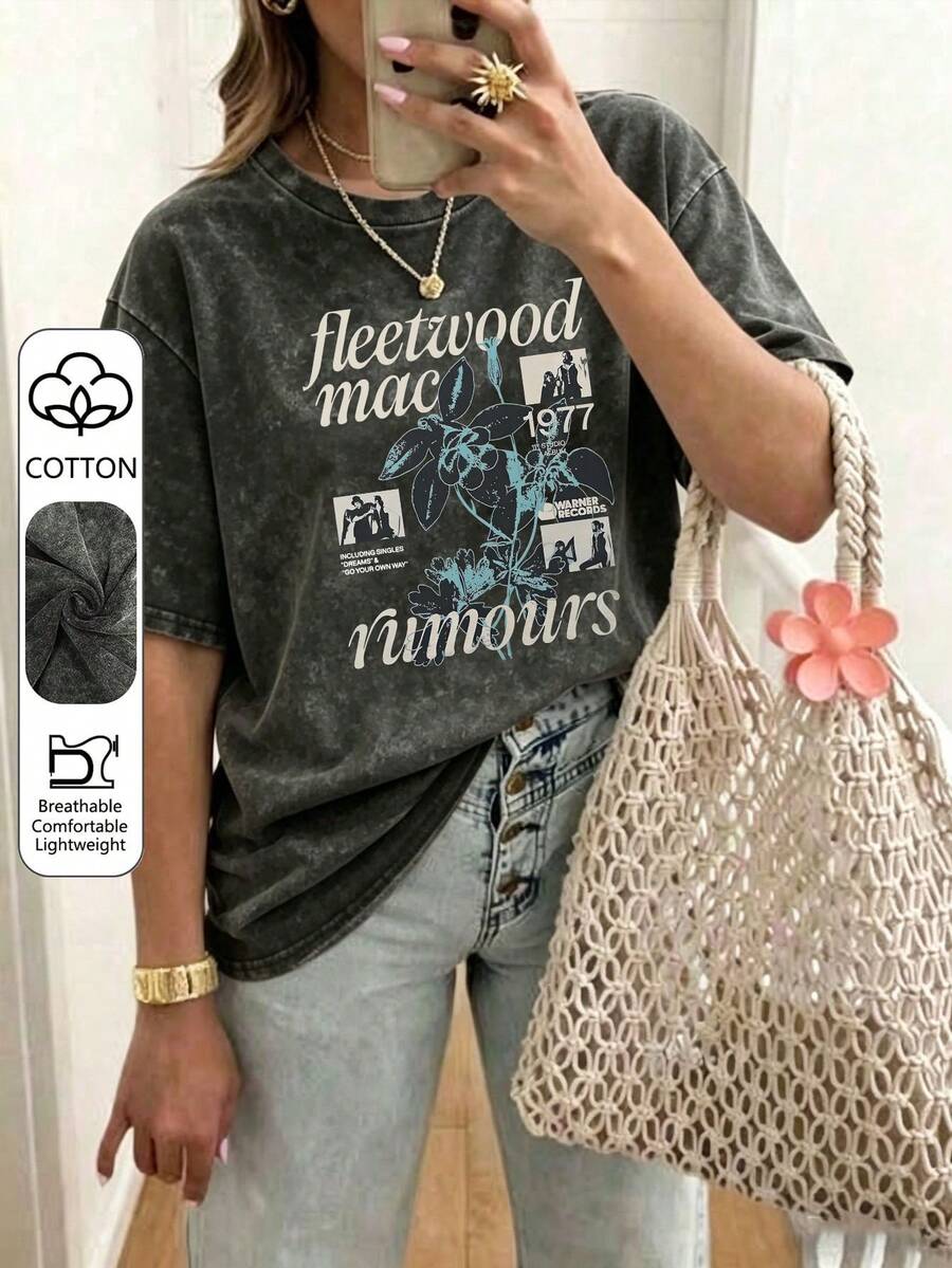 复古 Fleetwood “Rumours” T 恤，女士加大码上衣，音乐节服装，女士演唱会服装，女士夏季服装，加大码黑色水洗上衣，水洗棉休闲上衣 - 黑色 - 查看 1