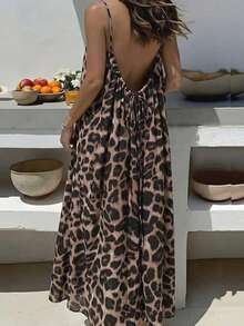 Damen Große Größen Lässig Boho-Stil Lockerer Leoparden-Muster Ärmellos Maxi-Kleid, Sommer Elegant Urlaub Braun - Braun - Übersicht 1