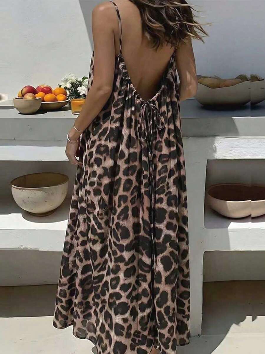 Damen Große Größen Lässig Boho-Stil Lockerer Leoparden-Muster Ärmellos Maxi-Kleid, Sommer Elegant Urlaub Braun - Braun - Übersicht 1