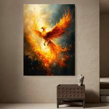 Framed 1 pieza, [2D Plano] con Marco,  Vívido Fénix Ascendente Arte de Pared en Lienzo Pintura Abstracta de Ave de Fuego, Decoración de Criatura Mítica, Obra de Arte de Llamas Ardientes para Espacios Audaces, 2D Plano - Enmarcado - Ver 3