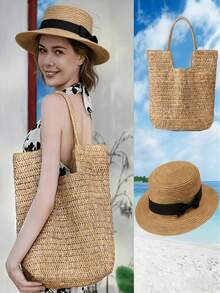 Bộ 1/2 món gồm túi đeo vai bằng rơm dệt dành cho nữ + mũ chống nắng thời trang, hoặc có thể mua riêng mũ đi biển/túi đi biển đa năng, túi xách cỡ lớn, túi đeo vai dệt kiểu dáng thường ngày, túi đi biển du lịch, bộ túi đi biển kèm mũ chống nắng. - Nhiều màu - Xem 13