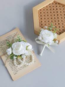 Set di polsini con fiori di rosa per matrimoni, corsage da polso con catena di perle per spose, damigelle, balli di fine anno, cerimonie di premiazione, feste di anniversario, cene formali, feste in spiaggia e accessori fotografici, adatto per l'estate - Multicolore - Visualizzare 11
