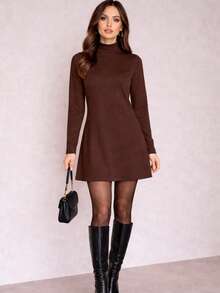 Premium Suedine Short Dress With High Ribbed Neck And Long Sleeves, Simple Fitted A-Line Style, Solid Color, Elegant, Autumn/Winter Fashion. - Rust Brown - View 9