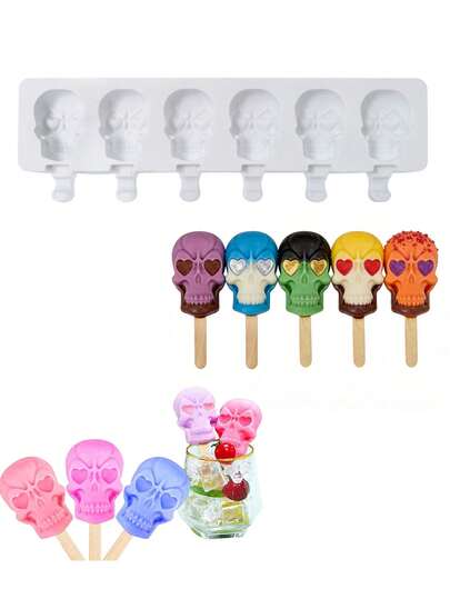 50 ชิ้น ไม้เสียบ + แม่พิมพ์ไอติมรูปหัวกะโหลก 6 ช่อง, แม่พิมพ์ไอศกรีมรูปหัวกะโหลกวงรี, เครื่องทำไอติม DIY 6 ช่อง สำหรับไอศกรีมและช็อกโกแลตโฮมเมด, ดีไซน์คลาสสิก, ถาดอบฟรี, แม่พิมพ์นิ่ม, ถาด, เหมาะสำหรับฮาโลวีน, คริสต์มาส, ปาร์ตี้ธีม