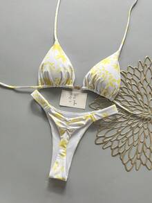 Bộ bikini 2 mảnh họa tiết hình học, hoa nhiệt đới, phong cách thường ngày, dễ thương, thanh lịch, gợi cảm, kiểu bohemian, có dây thắt lưng, thích hợp cho kỳ nghỉ biển, mùa xuân và hè dành cho nữ. - Màu vàng - Xem 2