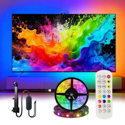 Dải đèn LED nền TV RGBIC - Với cảm biến màu AR, đồng bộ hóa với ánh sáng màn hình. Được điều khiển bằng điều khiển từ xa 24 phím, có thể thay đổi màu sắc và điều chỉnh độ sáng. Dải đèn linh hoạt và có thể cắt. Thích hợp cho phòng chơi game, phòng khách, phông nền máy tính và trang trí không gian rạp chiếu phim tại nhà.