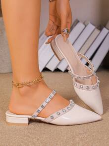 Women's Mule Slippers, Pointed Toe, Low Heel, Rhinestone Decor, Suitable For Dresses And Skirts, Summer - Apricot - View 2