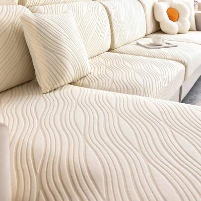 1pc Beige Water Wave Jacquard Stretch Sofa Slipcover, Fits 1 2 3 4 Seater Sofa, Comfortable Sofa Cover, Dust-Proof And Stain-Resistant For Indoor Outdoor Living Room Hotel