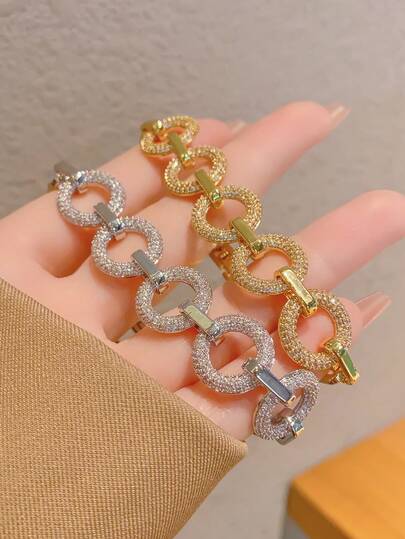 1pc Fashionable European And American Sparkling Cubic Zirconia Hollow Circle Bracelet, Luxury Celebrity Style Jewelry Gift