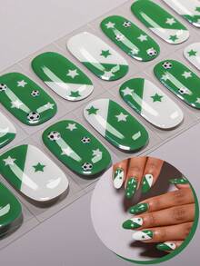 16Pcs World Cup White Green Colour-Blocking Semi-Cured Gel Nail Stickers,Football Stars Cheerful Cute Gel Nail Stickers ,Easy To Apply, Perfect For World Cup-Themed Manicures To Support Your Favourite Team - Green - View 12
