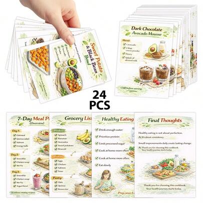 24pcs Healthy Cooking Recipe Cards - Illustrated Cooking Reference Cards With 7-Day Meal Plan, Lists, Eating Tips & More, Nutrition Meal Guide Cards, Gift For Dieticians & Fitness Enthusiasts