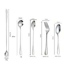 5Pcs/1pc Stainless Steel Flatware Set - Long Handle Spoon, Tea Spoon, Coffee Spoon, Dinner Fork & Table Spoon, Reusable Metal Utensils For Home & Kitchen - Silver - View 12