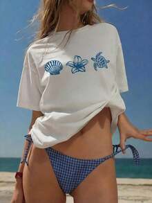 Women's Summer New Simple Letter, Sea Animal, Turtle Shell, Floral Casual Vacation Loose Fit Round Neck Light Blue Short Sleeve T-Shirt, Fashionable For Daily And Vacation Wear - 白色 - 查看 12