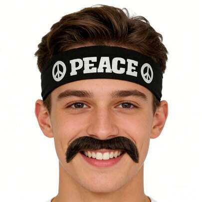 2件套1960年代嬉皮士和平头带+假胡子套装，复古角色扮演派对服装道具，适用于万圣节/化装舞会：经典复古嬉皮士、反战人士、70年代复古角色扮演，营造沉浸式复古氛围