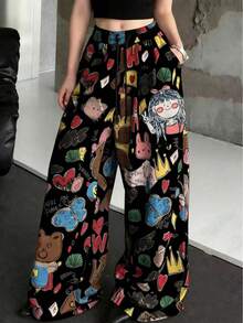 Pantalones anchos con estampado de dibujos animados para mujer, pantalones casuales sueltos para vacaciones - Negro - Ver 9