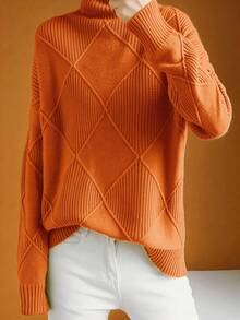 Plus Size Solid Color Turtleneck Long Sleeve Sweater, Autumn/Winter - Orange - View 5