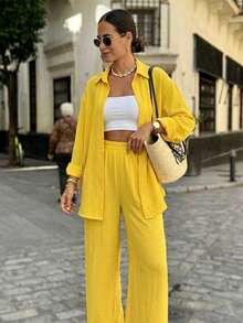 Bộ đồ thường ngày màu vàng phong cách nghỉ dưỡng, áo sơ mi dài tay rộng rãi + quần ống đứng, thoáng khí, chống nắng, gồm 2 món, thích hợp cho mùa xuân. - Màu vàng - Xem 1