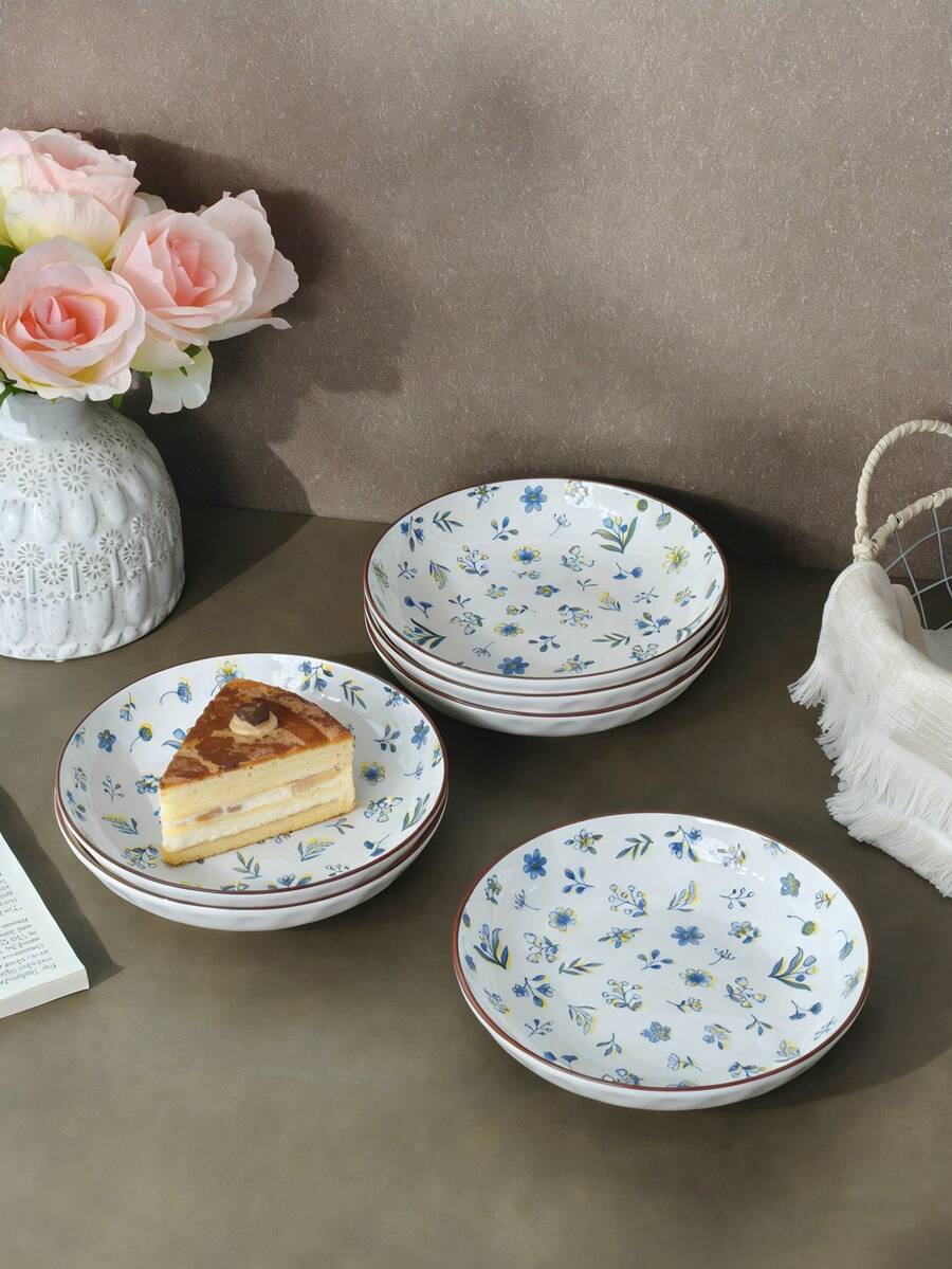 2 Peças Conjunto de Pratos de Jantar Cerâmicos Florais de 8 Polegadas, Travessas de Servir Redondas de Cerâmica para Uso Doméstico, Conjunto de Louça com Padrão de Flores Minimalista de Alta Qualidade, Pratos de Salada e Bife, Pratos de Sobremesa, Cozinha e Jantar, Forno e Micro-ondas - Multicolorido - Visão 1