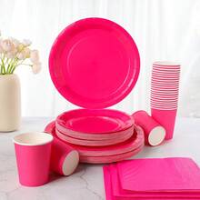 Bộ đồ dùng ăn uống bằng giấy dùng một lần màu đỏ hồng, bao gồm đĩa ăn tối 9 inch, đĩa tráng miệng 7 inch, cốc giấy và khăn ăn, có nhiều số lượng khác nhau, thích hợp cho đám cưới, tiệc sinh nhật, tiệc cô dâu và các bữa tiệc dùng một lần khác. - Hồng đỏ - Xem 6