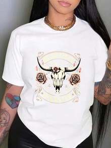 Women's Graphic Oversized Crewneck Cotton T Shirt, Beautiful Disaster Bull Skull Roses Design Casual Wear, Spring Short Sleeve Loose Fit Tops, Summer Fashion Basic Tees, Funny Clothes Black White Options, Party Gift For Women2026Lightweight&Breathable FOR All Seasons,Cotton - 白色 - 查看 1