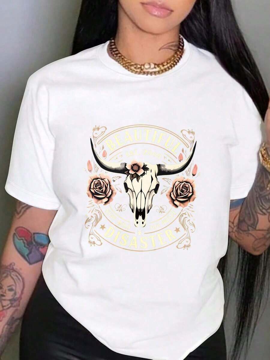 Women's Graphic Oversized Crewneck Cotton T Shirt, Beautiful Disaster Bull Skull Roses Design Casual Wear, Spring Short Sleeve Loose Fit Tops, Summer Fashion Basic Tees, Funny Clothes Black White Options, Party Gift For Women2026Lightweight&Breathable FOR All Seasons,Cotton - 白色 - 查看 1