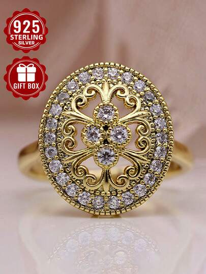 1pc Elegant 925 Sterling Silver Ring, Hollow Vintage Craftsmanship, High-Quality Jewelry, Inlaid Synthetic Zirconia, Size 7-11, Suitable For Women's Daily Wear, Gift For Mother's Day/Christmas/Valentine's Day/Birthday, Comes With Gift Box