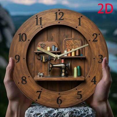 1 pieza Reloj de pared de máquina de coser vintage, redondo de 8 pulgadas de acrílico con movimiento de cuarzo silencioso, diseño de madera no luminoso con carrete y decoración para sala de manualidades, funciona con pilas (pilas AA no incluidas), reloj de pared silencioso | Reloj de pared cuidadosamente elaborado | Artesanía de alta calidad, decoración de sala de estar