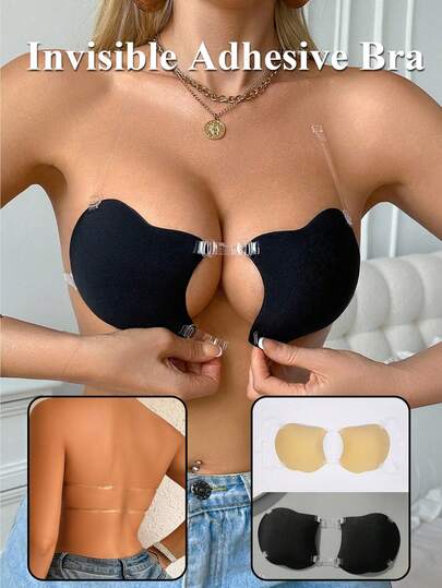 Double Front Closure Push Up Adhesive Bra, Invisible Seamless Strapless Backless Sticky Bra, Reusable Breathable Silicone Lift Bra For Wedding Dress, Backless Outfit, Daily Wear