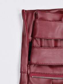 Y2K风格迷你裙，女士PU皮A字荷叶边下摆双扣腰带金属装饰百褶裙，隐形拉链，休闲日常舒适，适合音乐节、乡村音乐会、派对等场合。 - 酒紅色 - 查看 5