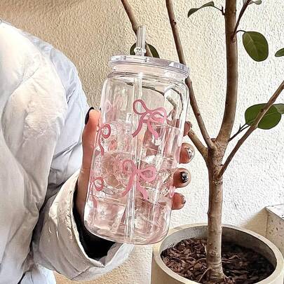 1个500毫升/520毫升粉色蝴蝶结保温杯，带盖和吸管——复古风格便携式旅行杯，适用于咖啡、果汁和汽水。经久耐用，可重复使用。是送给家人、朋友、婚礼、周年纪念日和夏季补水的完美礼物。