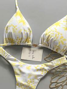 Bộ bikini 2 mảnh họa tiết hình học, hoa nhiệt đới, phong cách thường ngày, dễ thương, thanh lịch, gợi cảm, kiểu bohemian, có dây thắt lưng, thích hợp cho kỳ nghỉ biển, mùa xuân và hè dành cho nữ. - Màu vàng - Xem 5