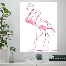 Cuadro 2D plano, 2D plano, 2D plano A Flat en lienzo con una pareja de flamencos contornados en rosa neón sobre un fondo blanco, perfecto para la decoración del dormitorio y añadidos de estilo rústico. - Enmarcado - Ver 2