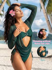 Bộ đồ bơi 3 mảnh màu xanh đậm quyến rũ dành cho nữ - Áo bikini cổ yếm với khoen kim loại, áo khoác ngoài tay dài xuyên thấu và quần bikini tam giác, lý tưởng cho kỳ nghỉ biển đầy phong cách. - màu xanh lá - Xem 2