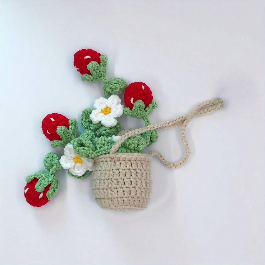 Strawberry Crochet Rearview Mirror Accessory, Handmade Car Rearview Mirror Ornament, Rearview Mirror Accessory, Women's Car Decoration - Pink - View 1