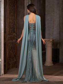 Captivant robe de soirée sirène asymétrique à fleurs et perles - Robe de soirée maxi scintillante avec châle dramatique de longueur plancher, robe de soirée formelle de luxe bleu ardoise pour mariage et fête - Bleu ciel - Voir 2