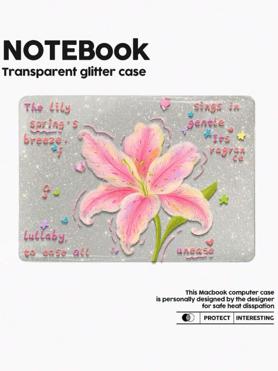 1pc Shiny Transparent Laptop Case With Pink Lily Flower Pattern. Lightweight, Shock-Absorbing, Durable, Suitable For 13"/15" Air And 14" Pro With M2 & M3 Chips. Features Anti-Fingerprint, Shock-Proof And Heat Dissipation, Ideal Gift For Holidays And Special Occasions. - View 1