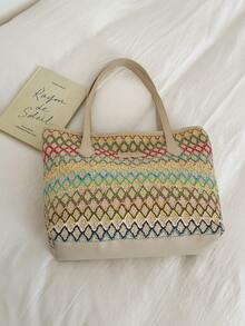 大容量编织刺绣沙滩手提包，草编单肩包，时尚格子单肩通勤手提包 - 白色 - 查看 7