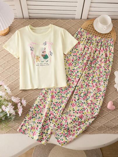 2pcs Girls Cute Cartoon Pattern Short Sleeve Pajama Set, Sweet Round Neck Apricot Top Paired With All-Over Print Loose Comfortable Pants, Perfect For Spring/Summer Loungewear, Movie Nights, Pajama Parties And Casual Evenings, Soft And Lightweight Fabric.