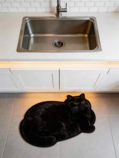 1pc Soft & Cute Black Cat Shaped Rug, Doormat, Floor Mat For Living Room, Bedroom, Office, Kitchen, Gentle Beige Tone, Comfortable Atmosphere, Machine Washable